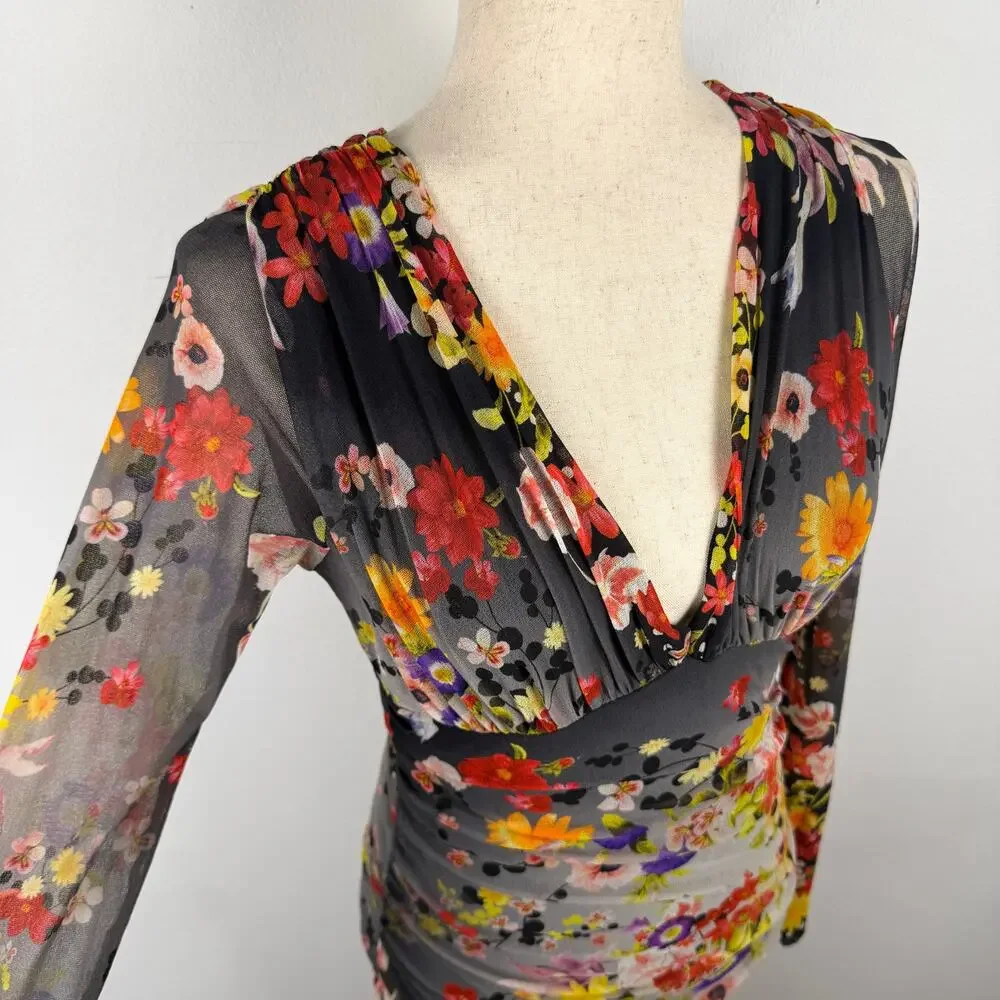 Fuzzi Black Grey Long Sleeve Floral Mesh Bodycon V neck Midi Dress Women's XL - Picture 6 of 9